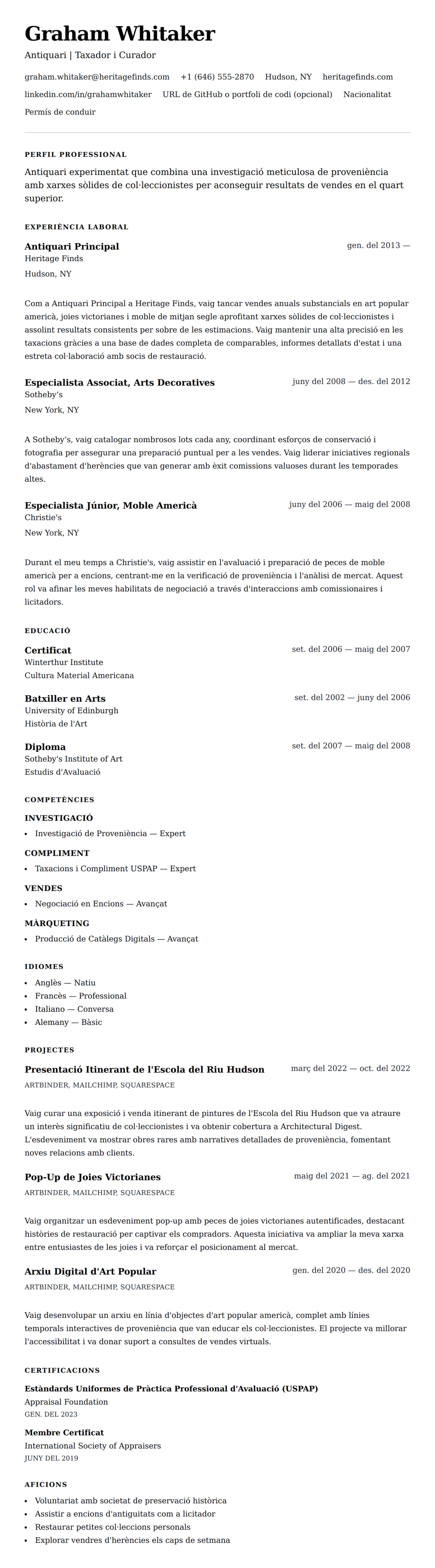 Previsualització del currículum per a Exemple de Currículum d'Antiquari