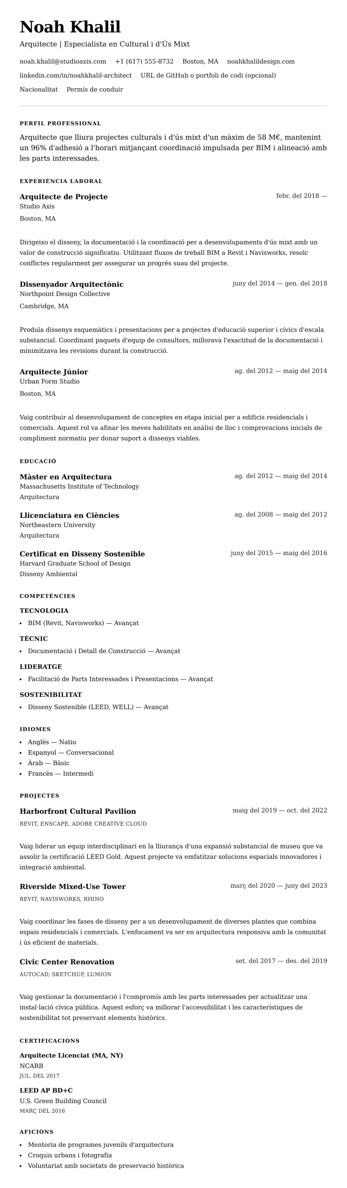 Previsualització del currículum per a Exemple de Currículum d'Arquitecte