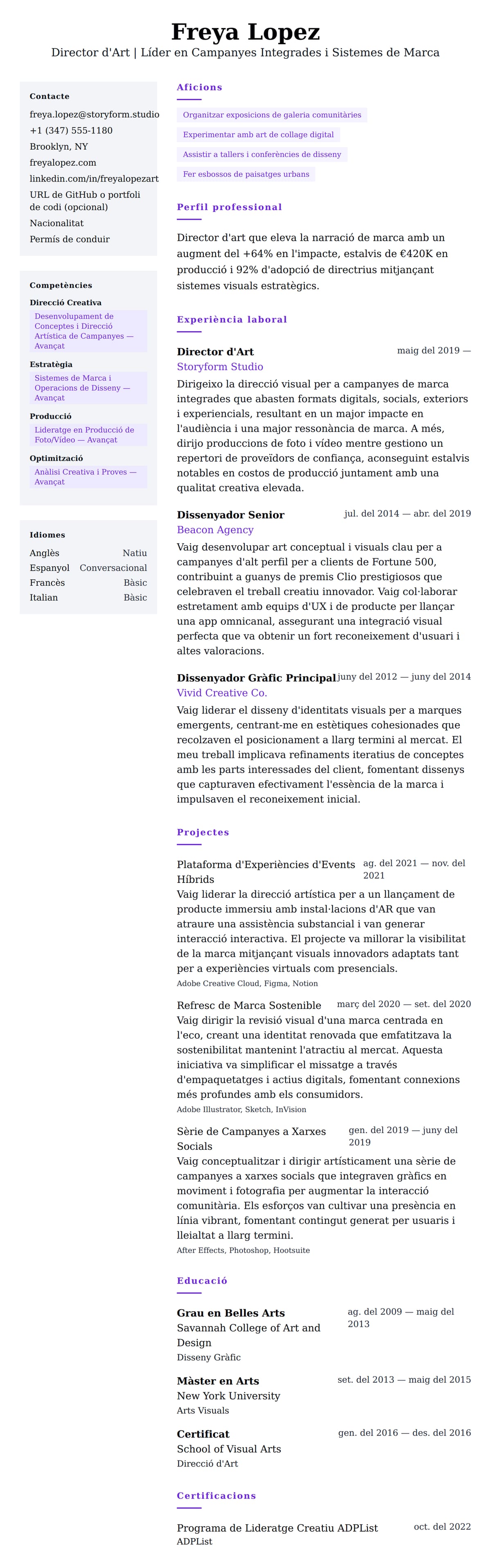 Previsualització del currículum per a Exemple de Currículum de Director d'Art
