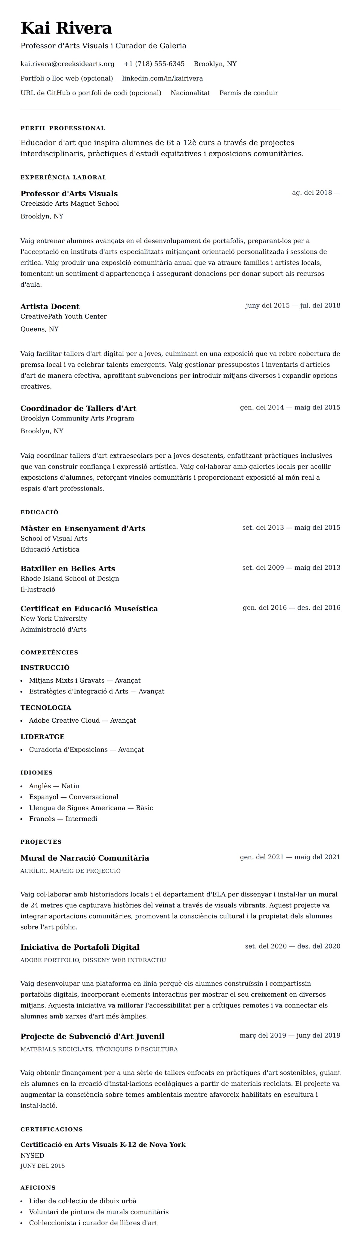 Previsualització del currículum per a Exemple de Currículum de Professor d'Art