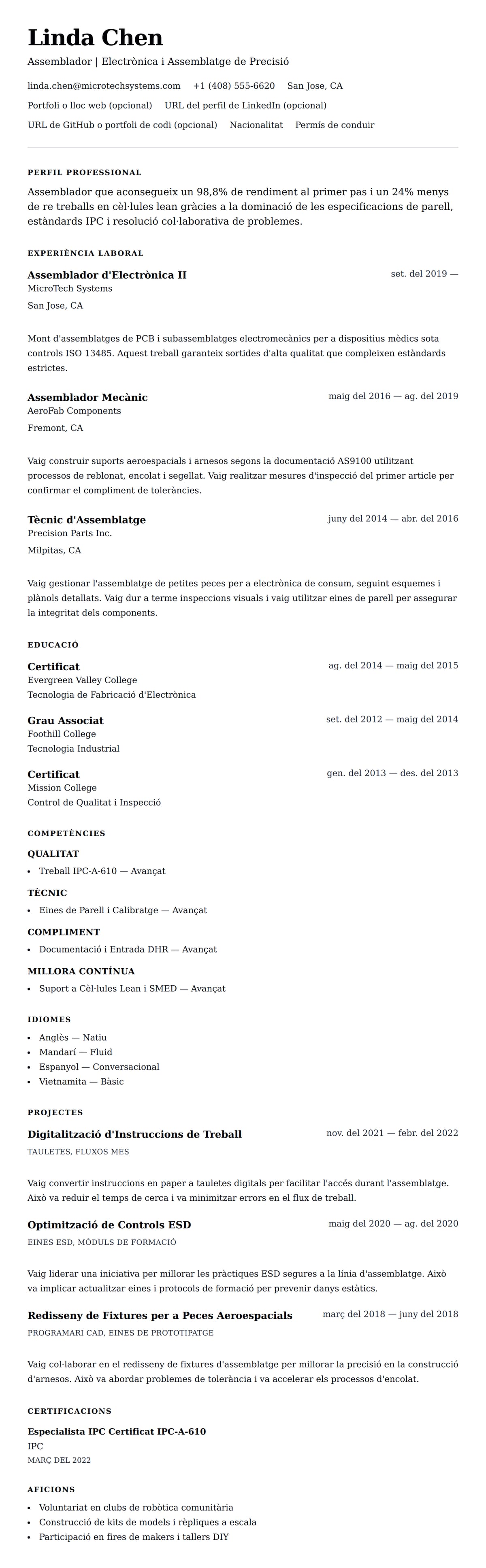 Previsualització del currículum per a Exemple de Currículum d'Assemblador