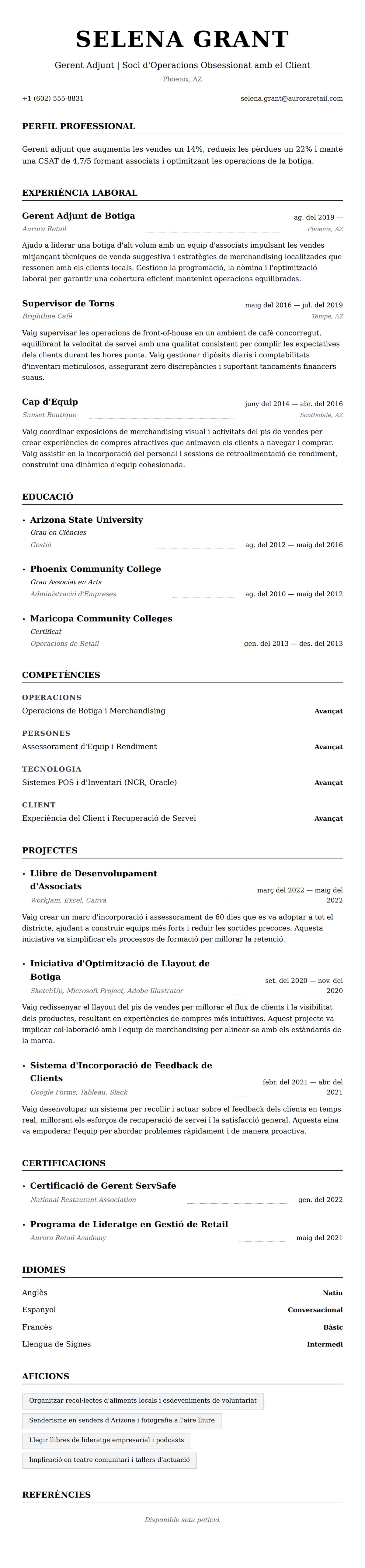 Previsualització del currículum per a Exemple de Currículum de Gerent Adjunt
