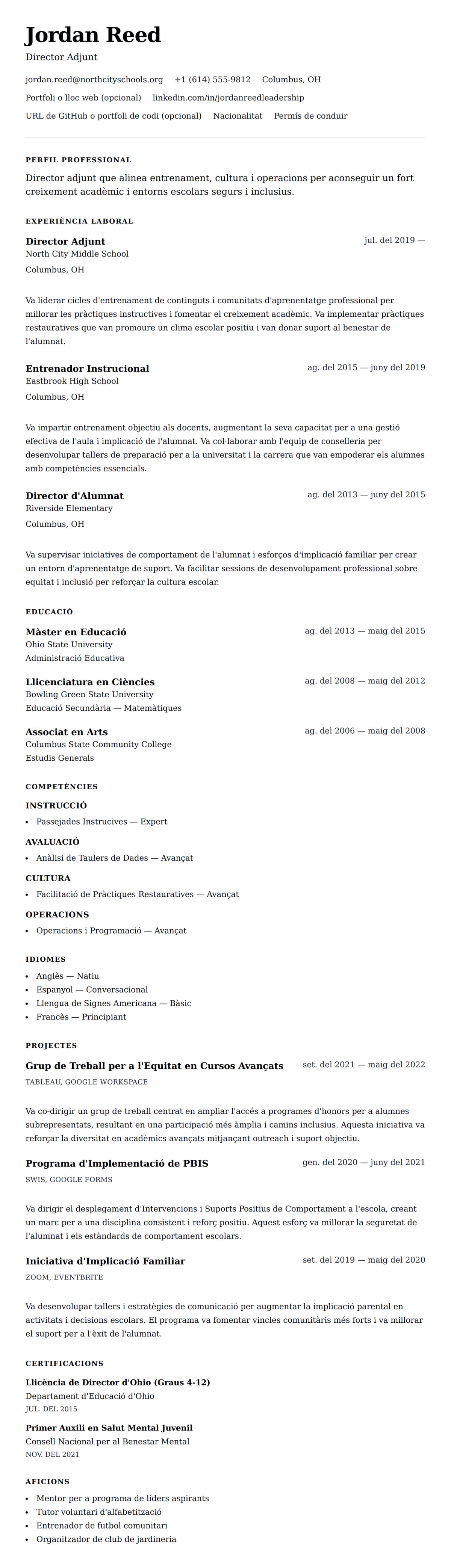 Previsualització del currículum per a Exemple de Currículum de Director Adjunt