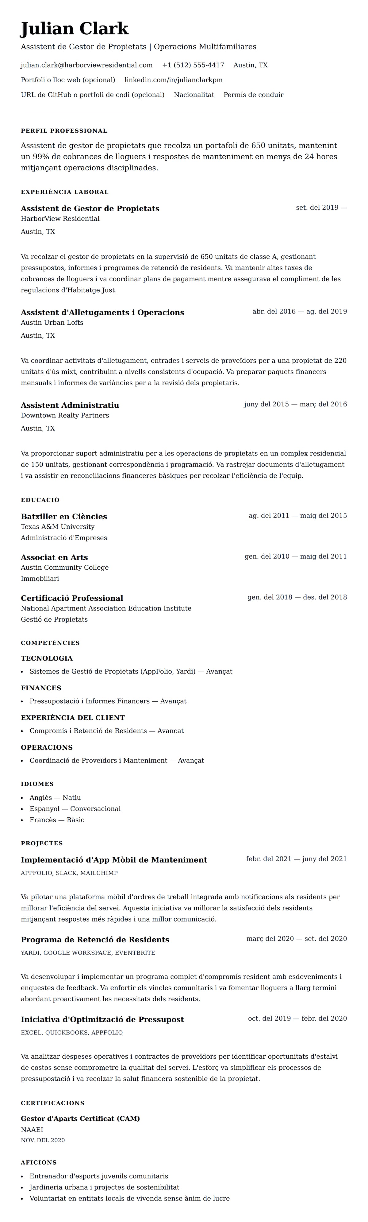 Previsualització del currículum per a Exemple de Currículum d'Assistent de Gestor de Propietats