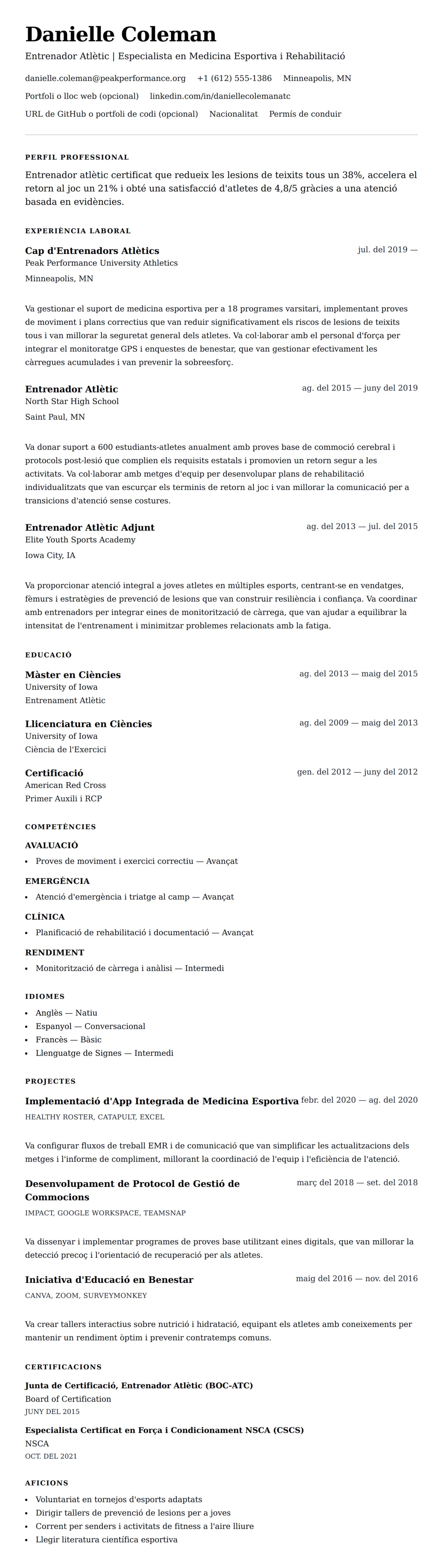 Previsualització del currículum per a Exemple de Currículum d'Entrenador Atlètic