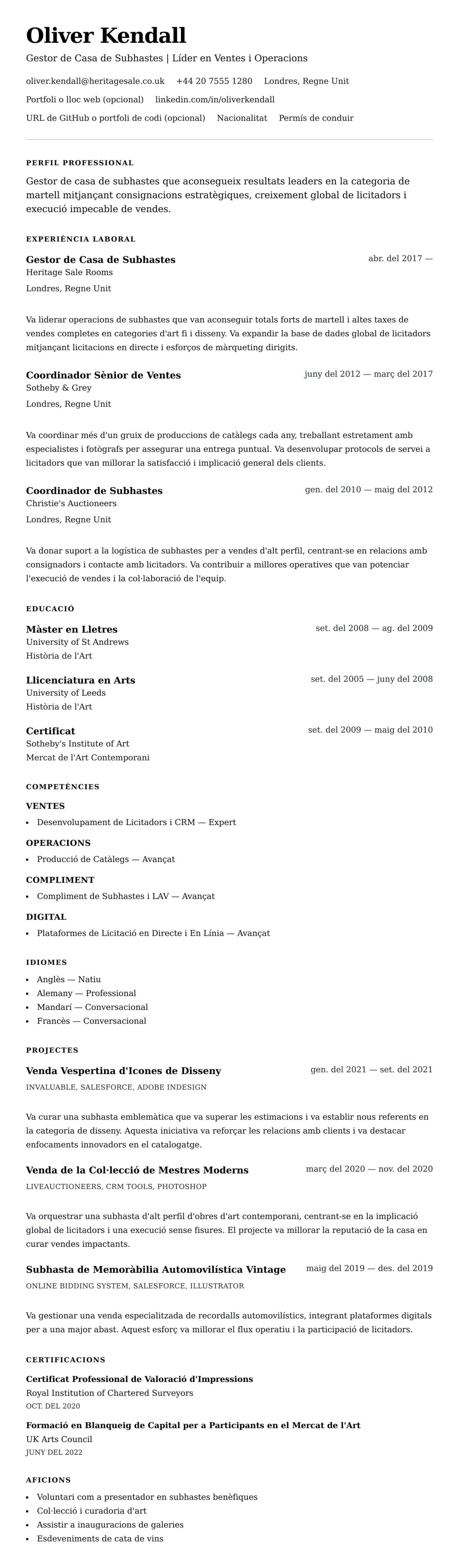 Previsualització del currículum per a Exemple de Currículum de Gestor de Casa de Subhastes