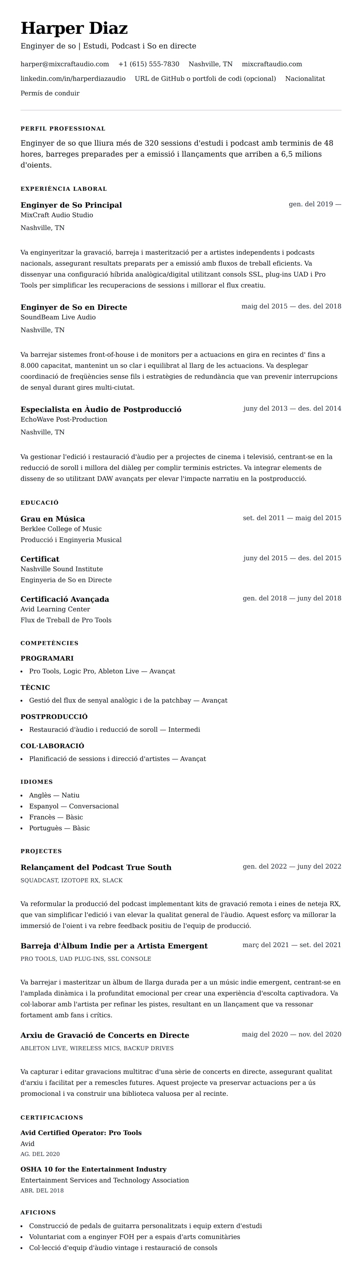 Previsualització del currículum per a Exemple de currículum d'enginyer de so