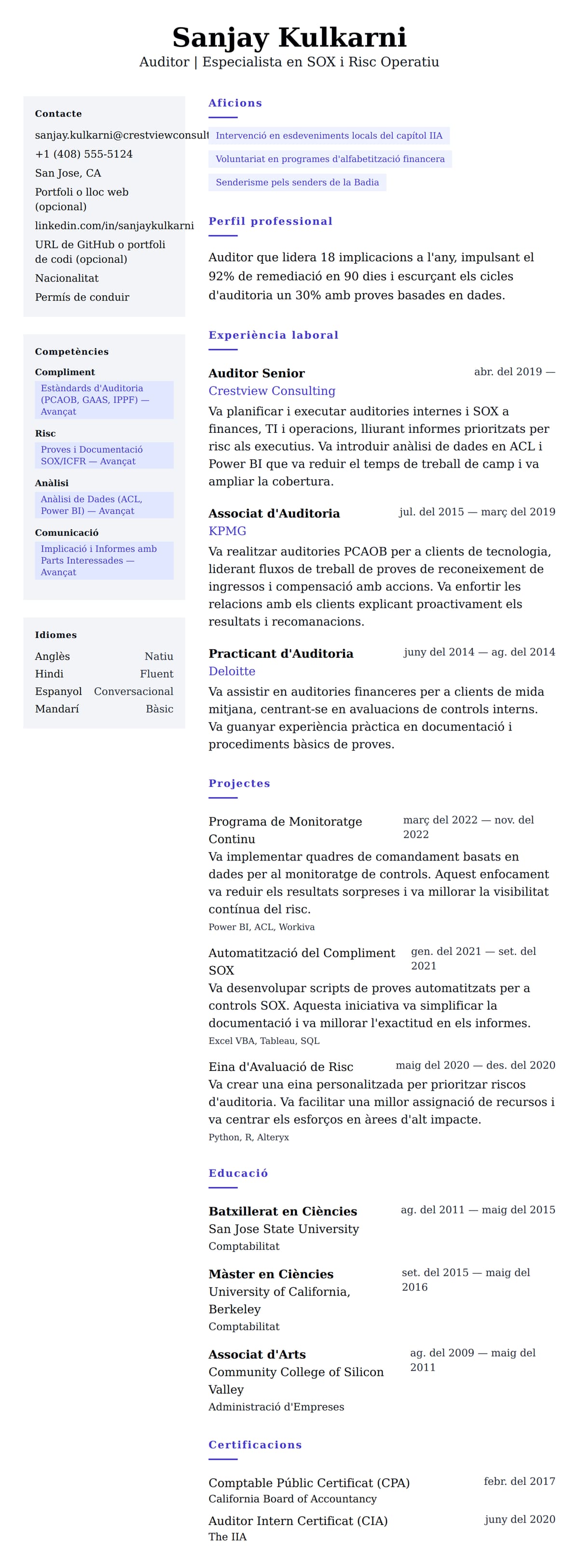 Previsualització del currículum per a Exemple de Currículum d'Auditor