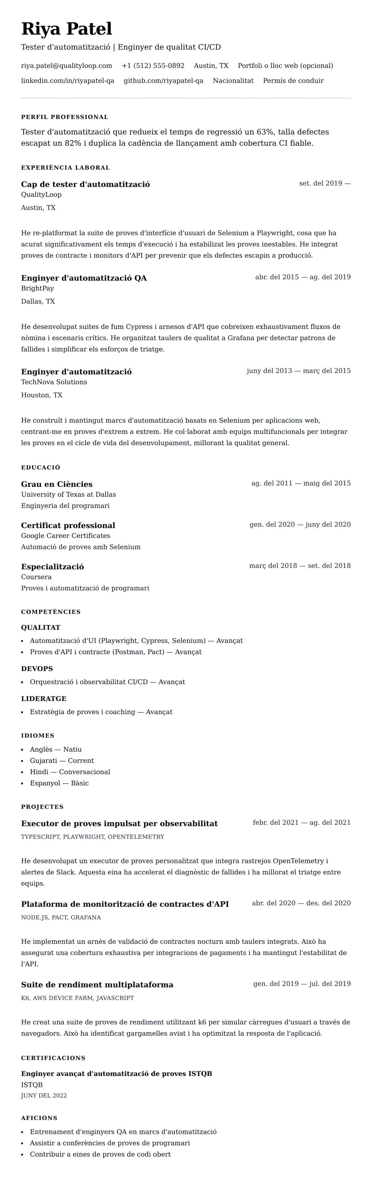 Previsualització del currículum per a Exemple de currículum de tester d'automatització