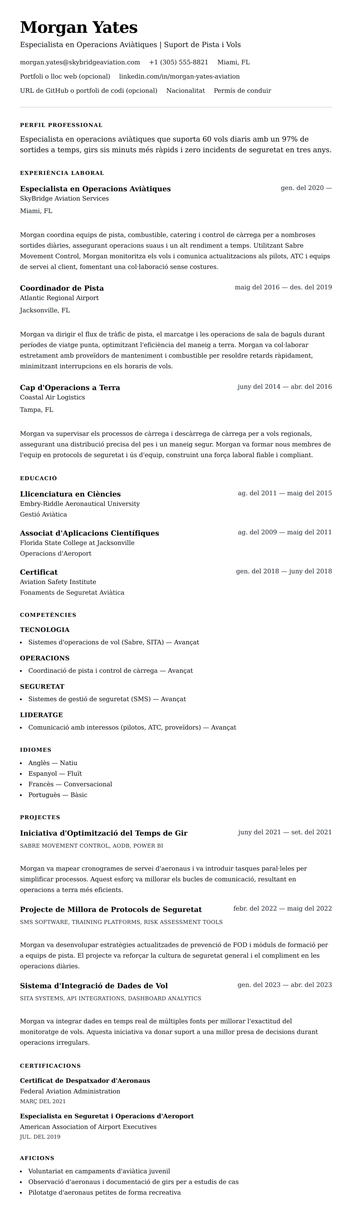 Previsualització del currículum per a Exemple de Currículum d'Especialista en Operacions Aviàtiques