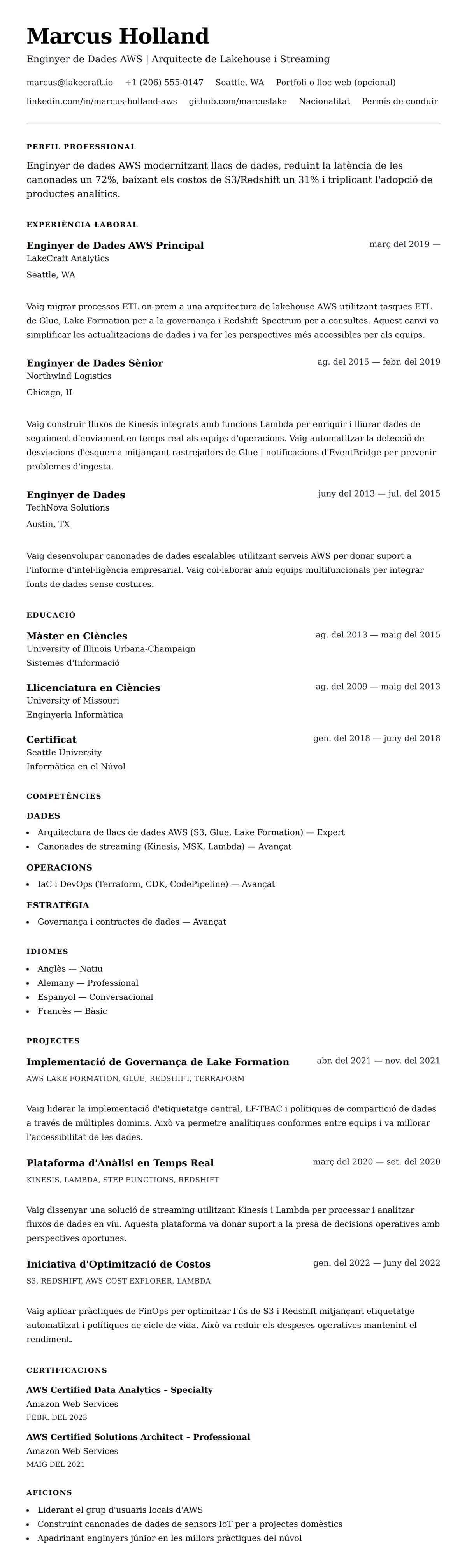 Previsualització del currículum per a Exemple de Currículum d'Enginyer de Dades AWS