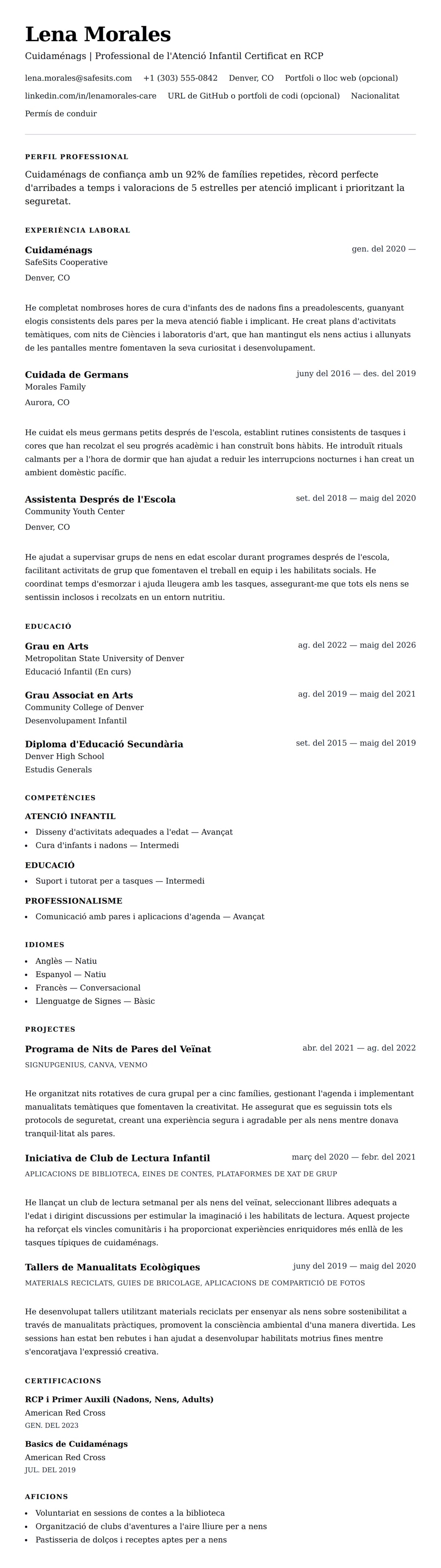 Previsualització del currículum per a Exemple de Currículum de Cuidaménags