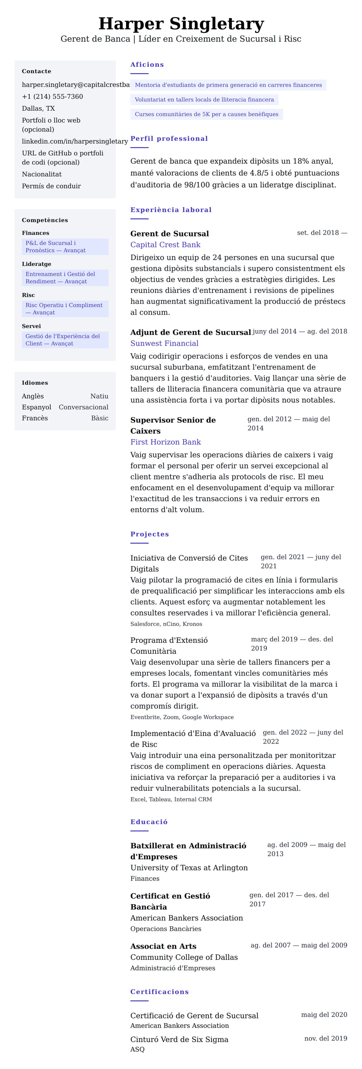 Previsualització del currículum per a Exemple de Currículum de Gerent de Banca