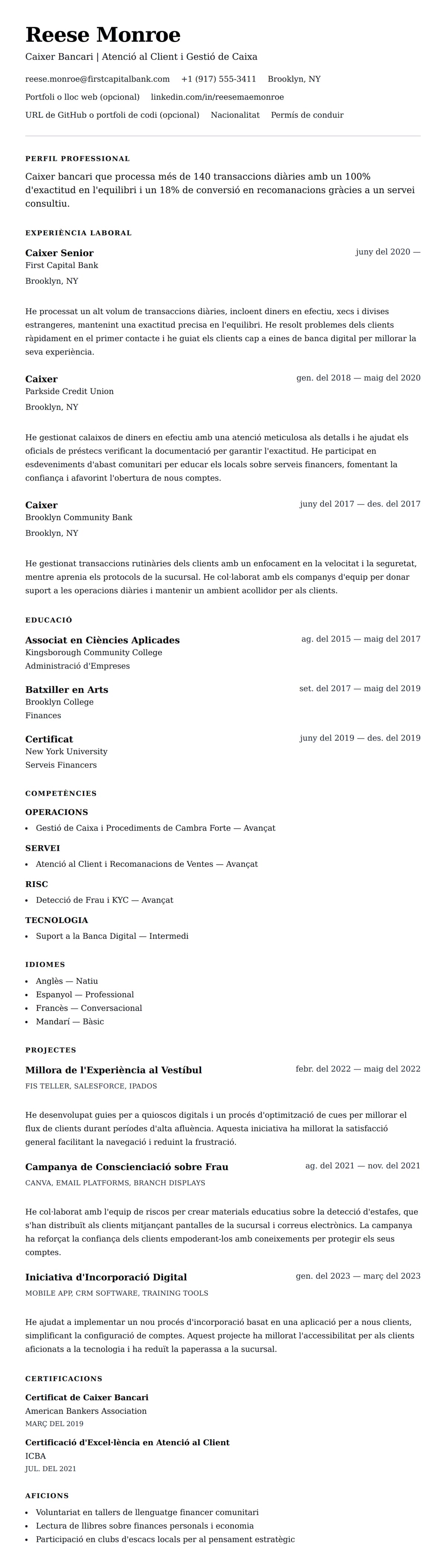 Previsualització del currículum per a Exemple de Currículum de Caixer Bancari