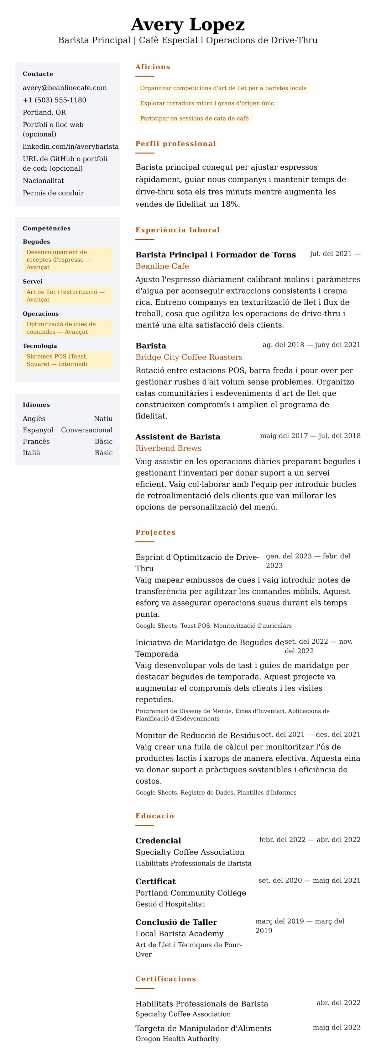 Previsualització del currículum per a Exemple de Currículum de Barista