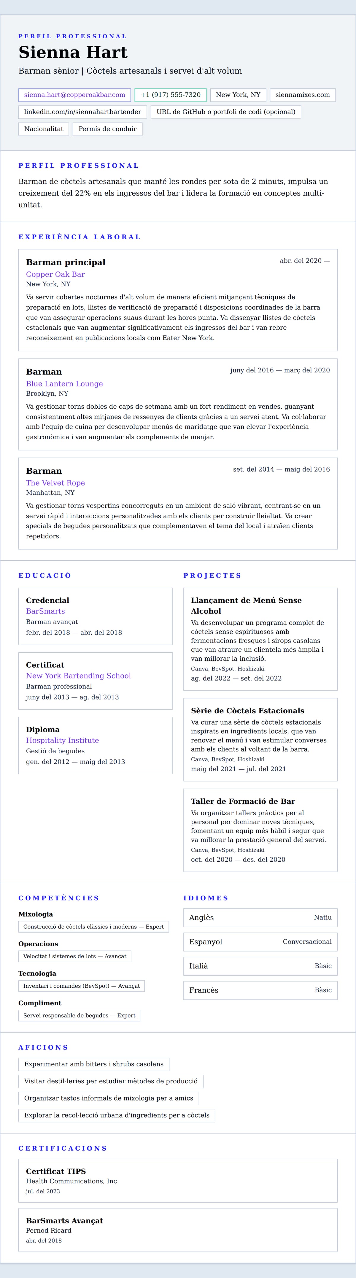 Previsualització del currículum per a Exemple de Currículum de Barman