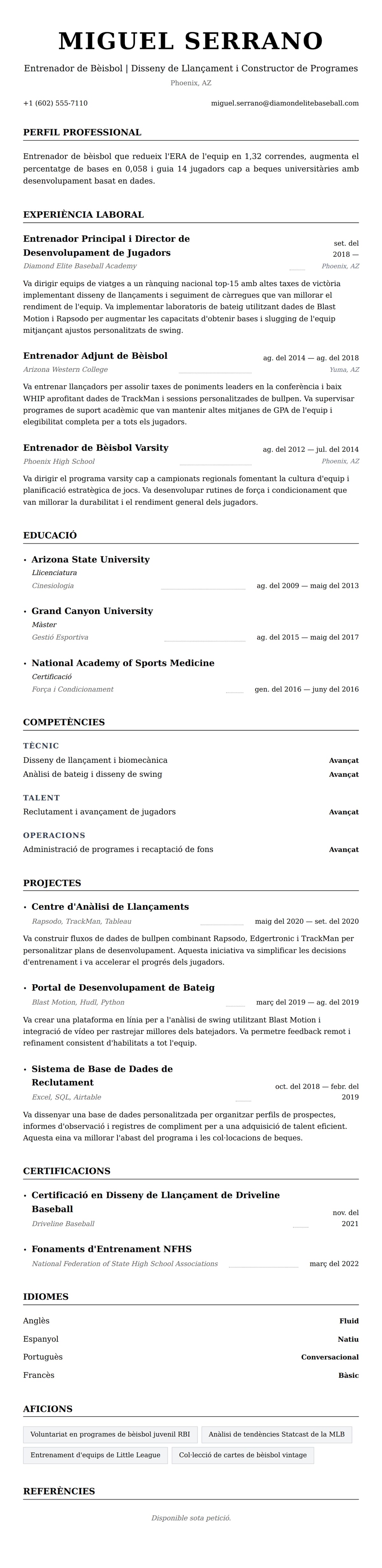 Previsualització del currículum per a Exemple de Currículum d'Entrenador de Bèisbol