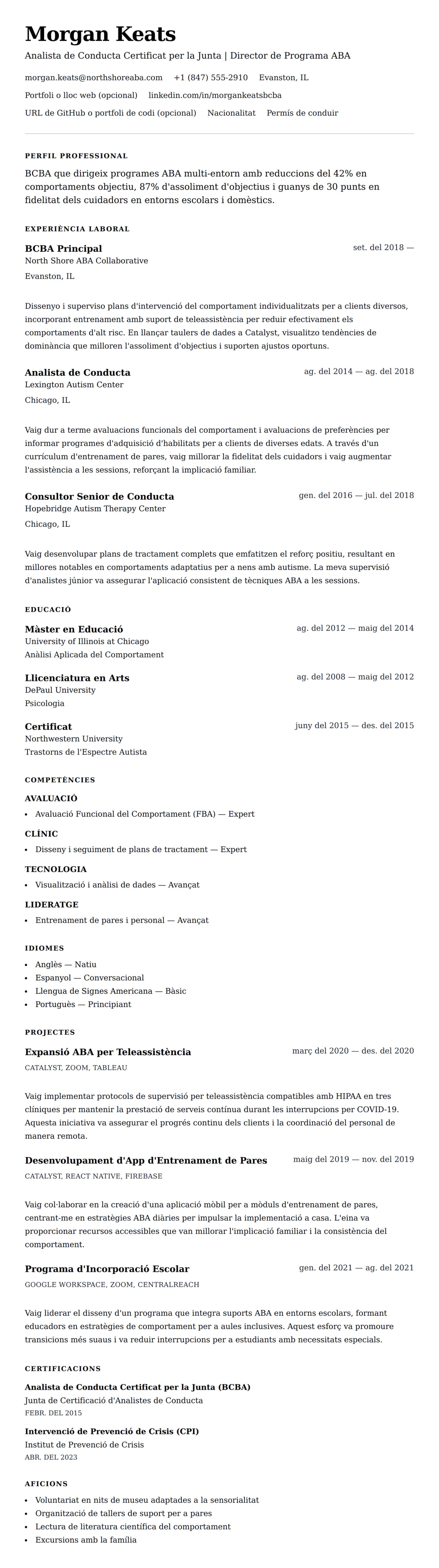 Previsualització del currículum per a Exemple de Currículum d'Analista de Conducta Certificat per la Junta (BCBA)
