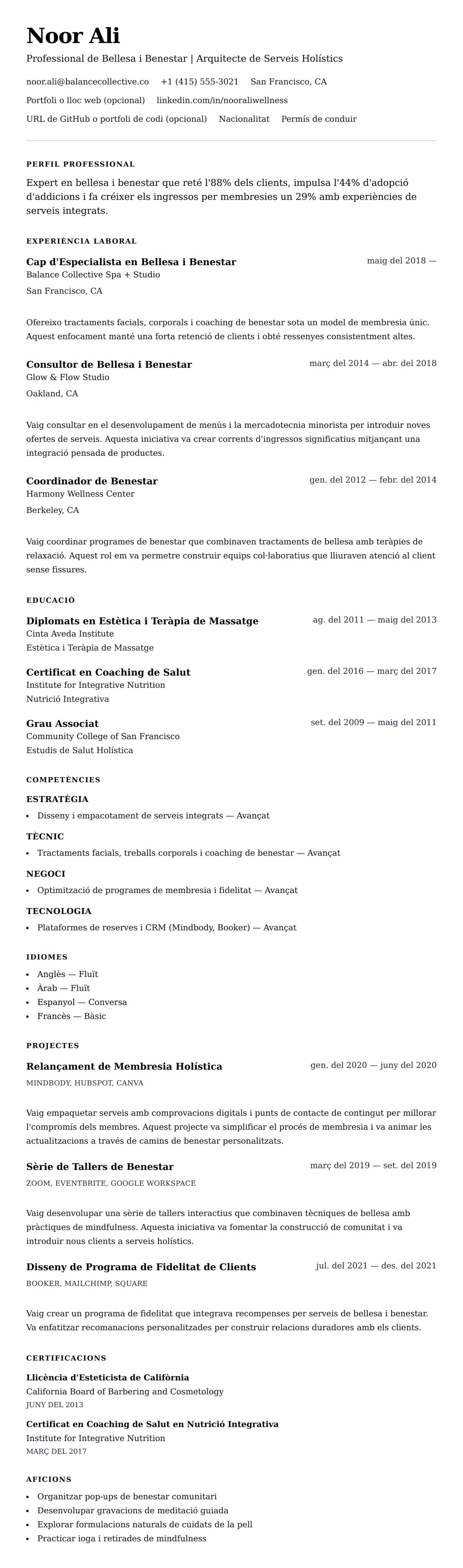 Previsualització del currículum per a Exemple de Currículum de Professional de Bellesa i Benestar