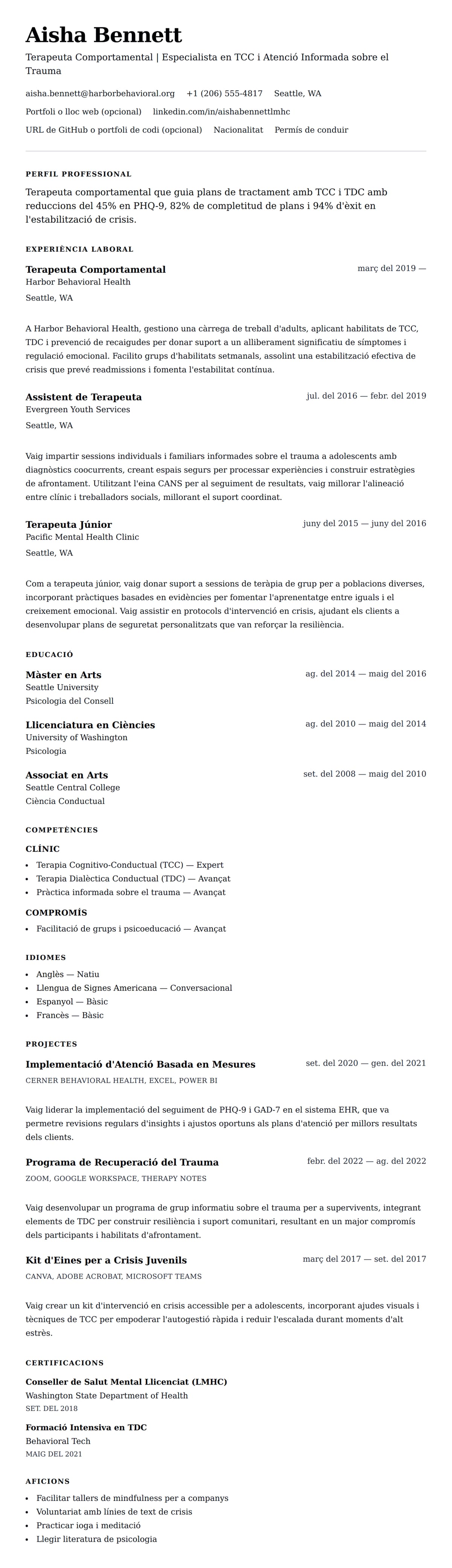 Previsualització del currículum per a Exemple de Currículum de Terapeuta Comportamental