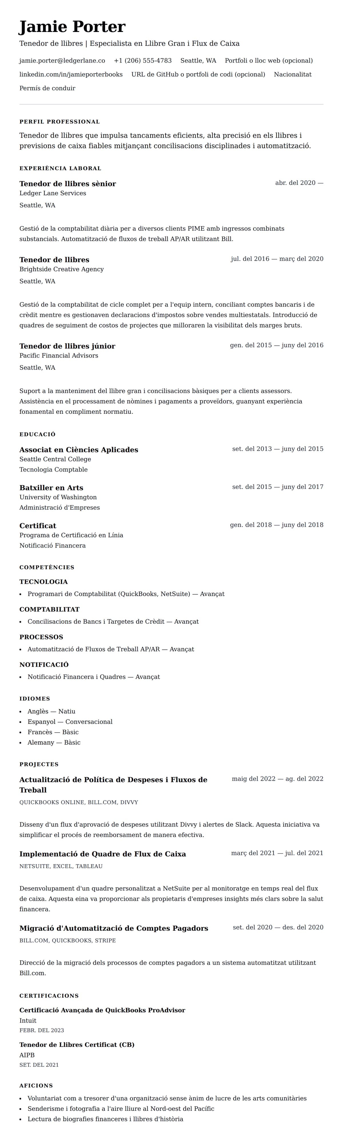 Previsualització del currículum per a Exemple de currículum de Tenedor de llibres