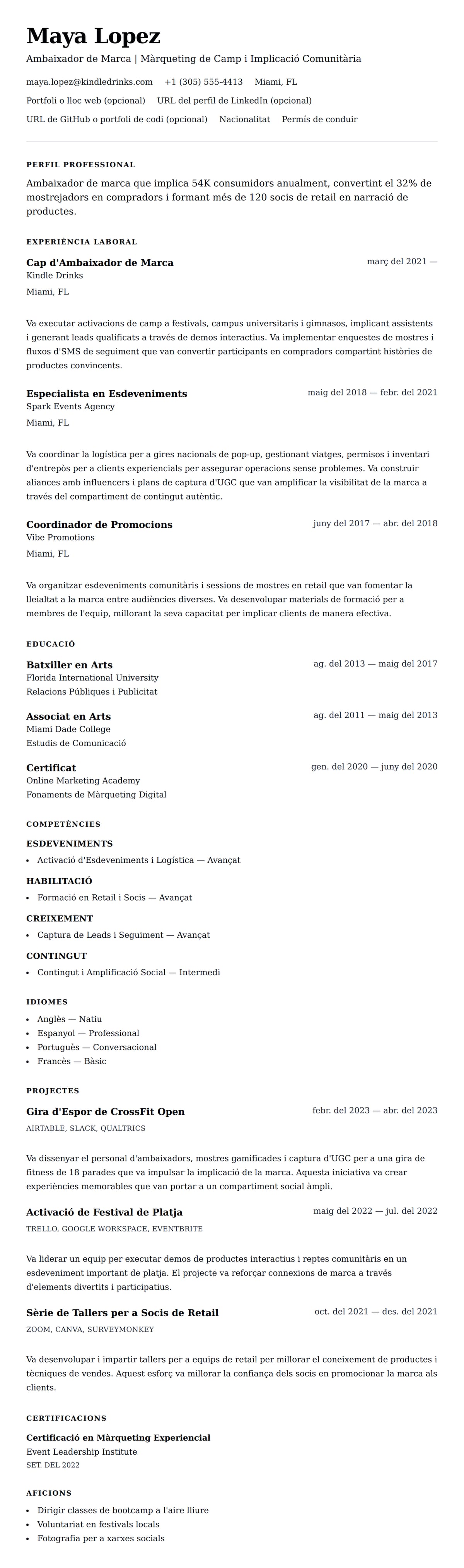 Previsualització del currículum per a Exemple de Currículum d'Ambaixador de Marca