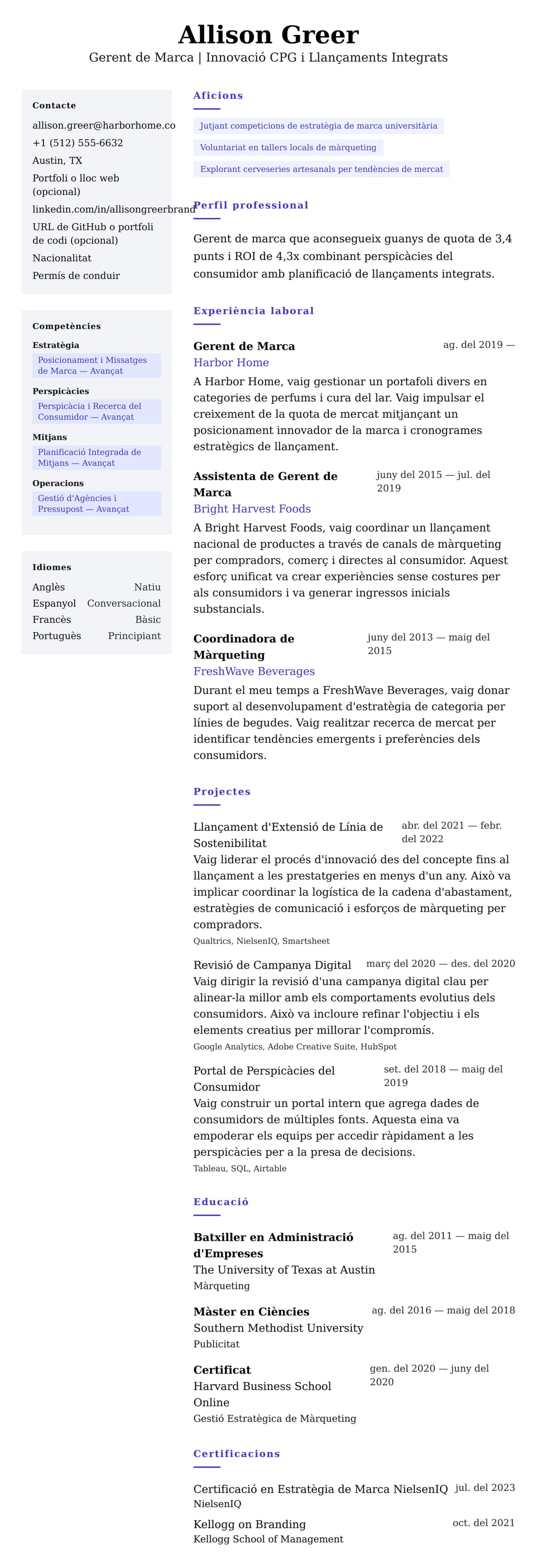 Previsualització del currículum per a Exemple de Currículum de Gerent de Marca