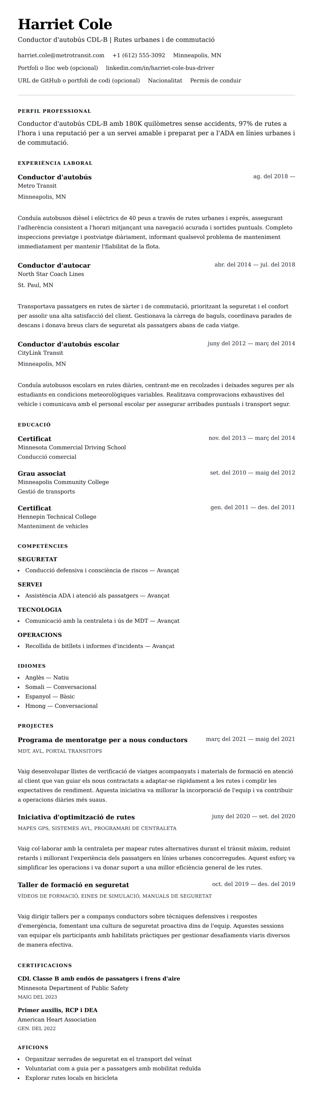 Previsualització del currículum per a Exemple de currículum de conductor d'autobús
