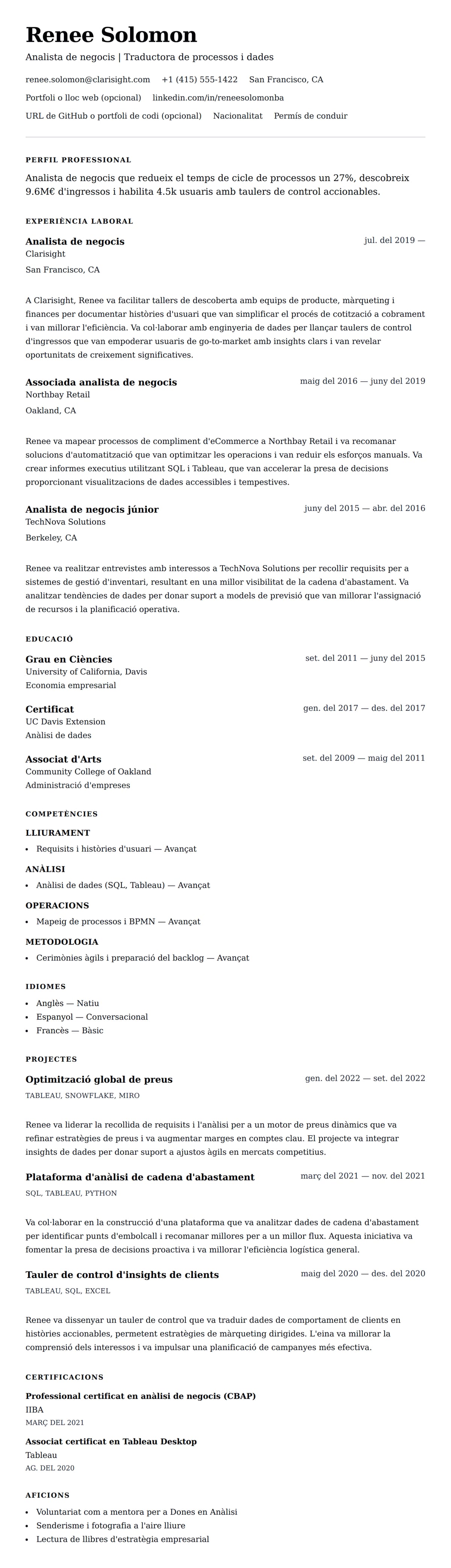 Previsualització del currículum per a Exemple de currículum d'analista de negocis