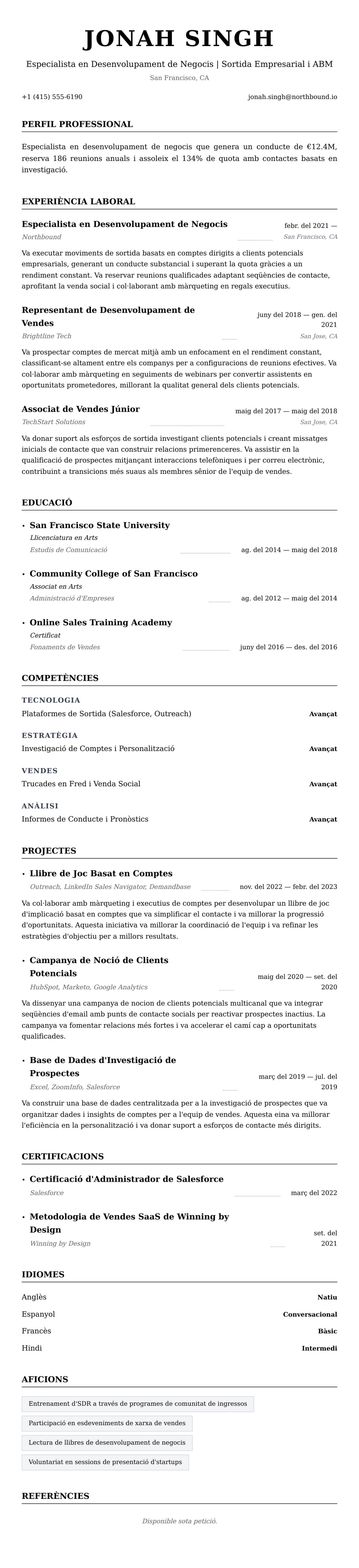 Previsualització del currículum per a Exemple de Currículum d'Especialista en Desenvolupament de Negocis