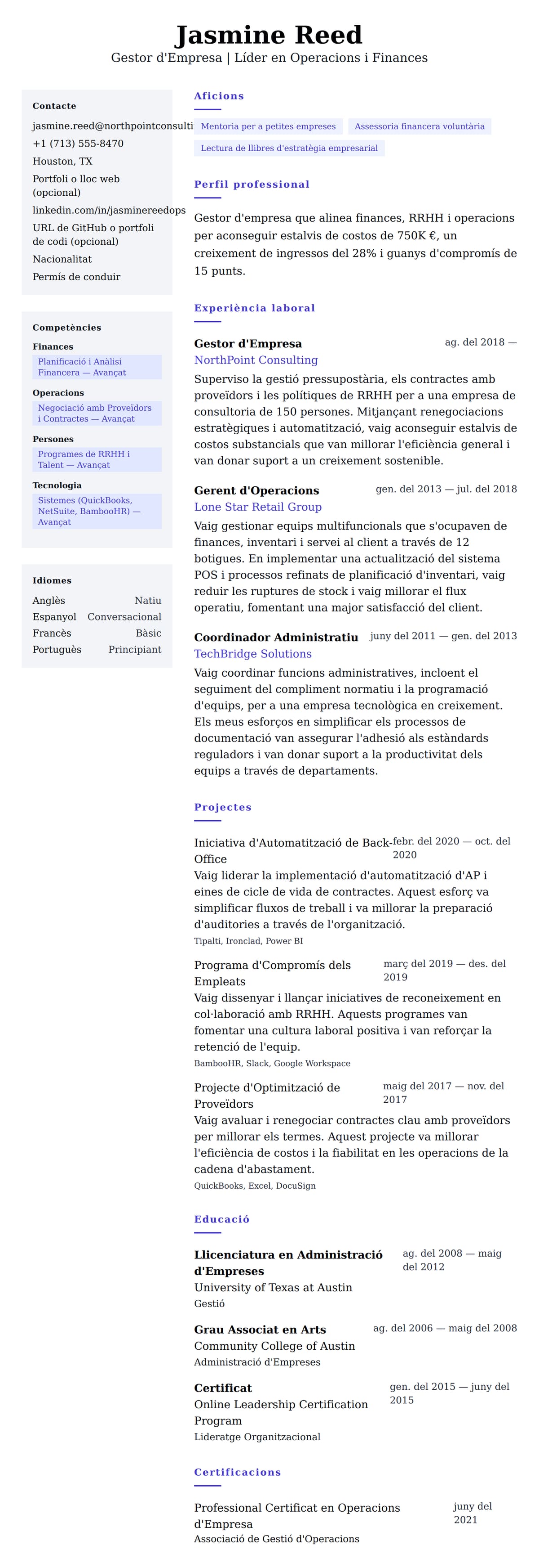 Previsualització del currículum per a Exemple de Currículum de Gestor d'Empresa