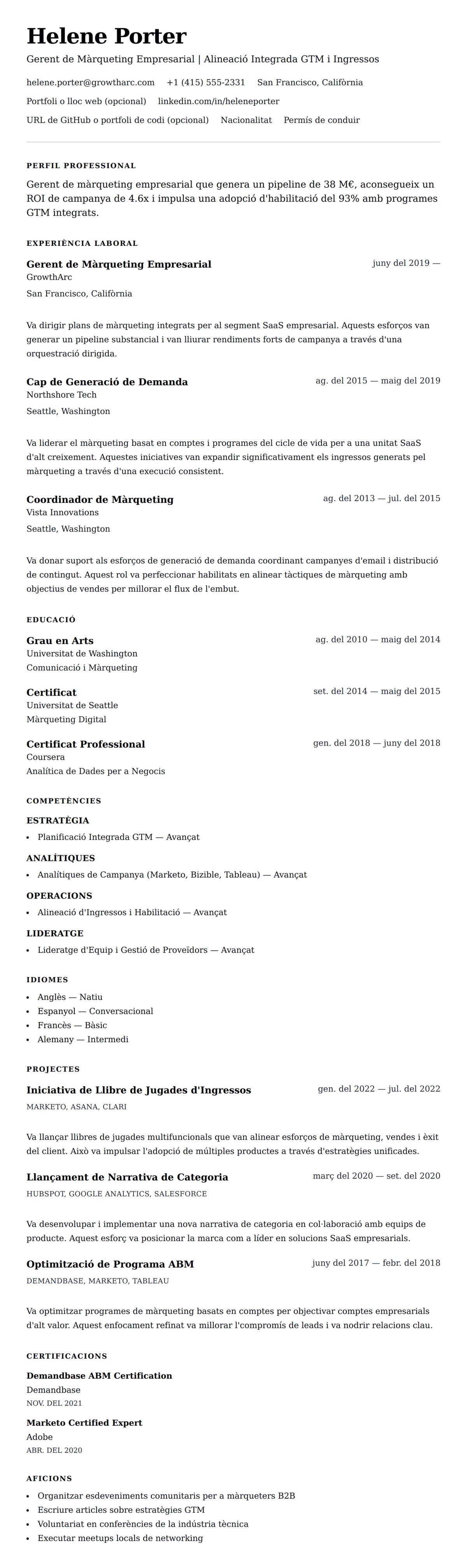 Previsualització del currículum per a Exemple de Currículum de Gerent de Màrqueting Empresarial