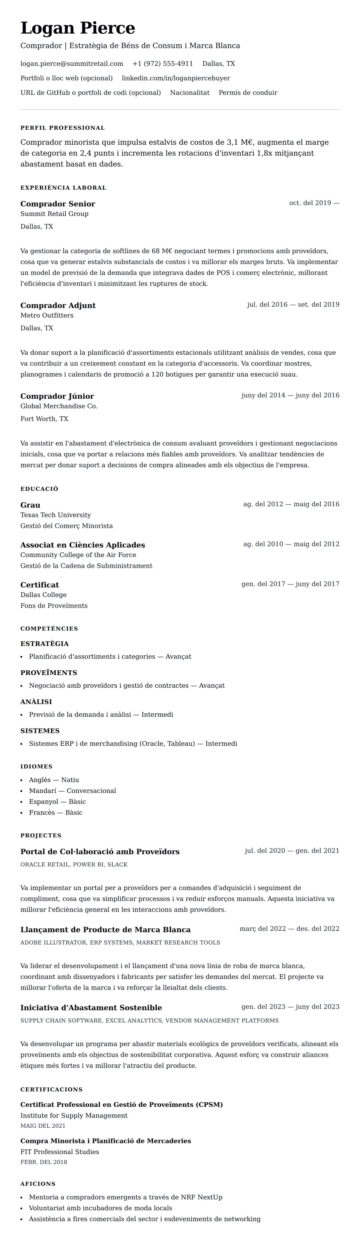 Previsualització del currículum per a Exemple de Currículum de Comprador