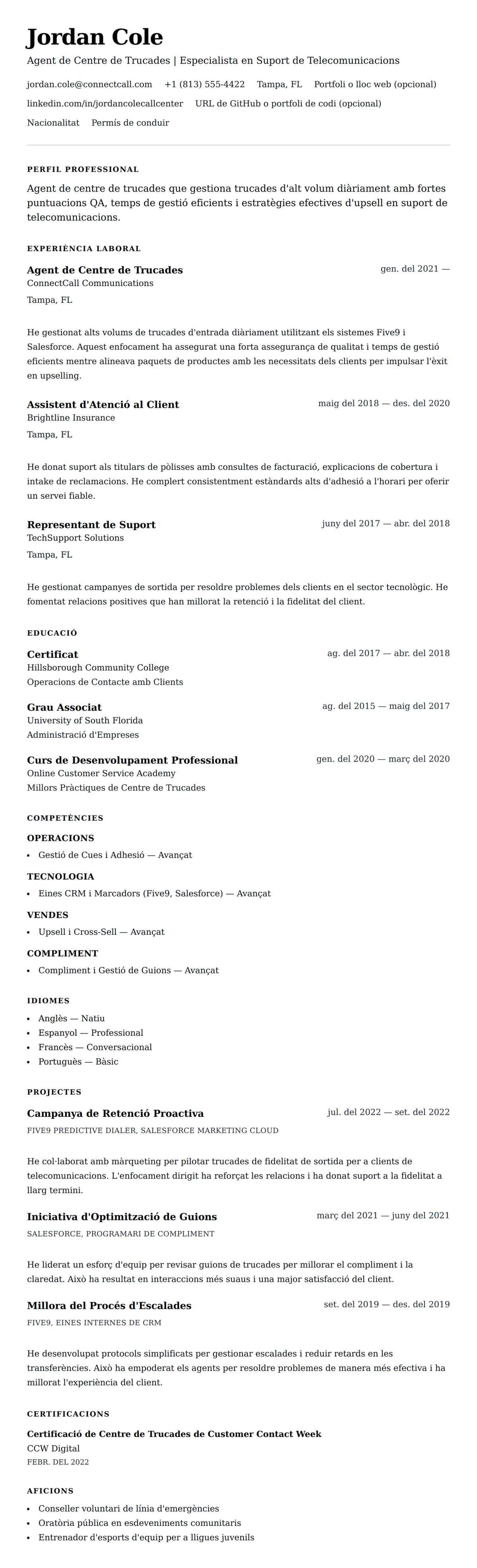 Exemple de Currículum d'Agent de Centre de Trucades