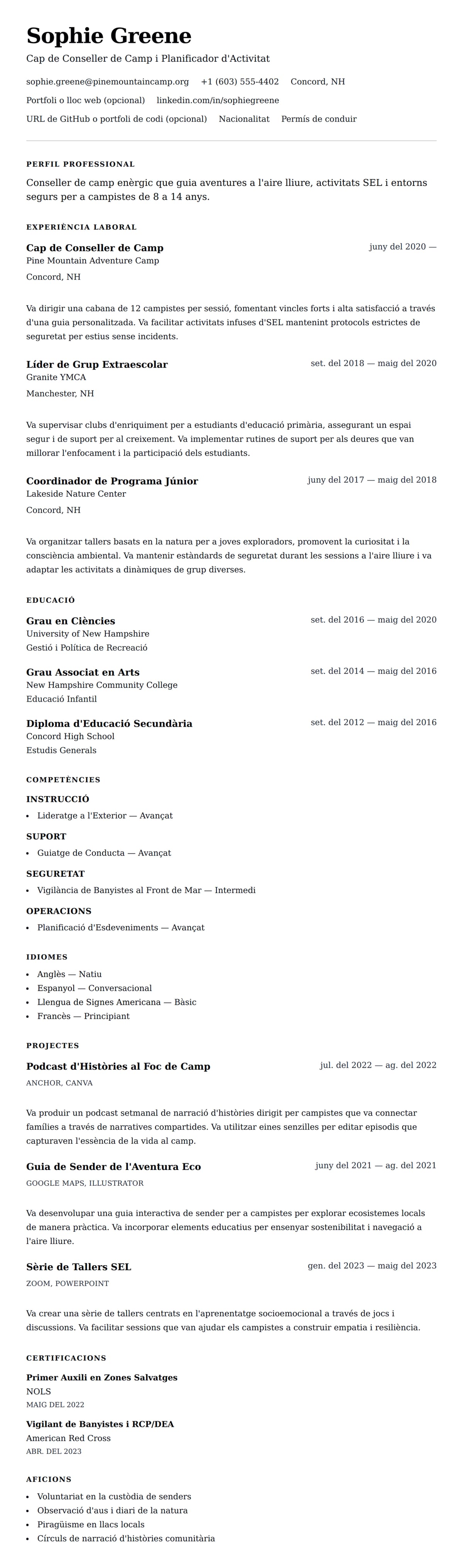 Previsualització del currículum per a Exemple de Currículum de Conseller de Camp