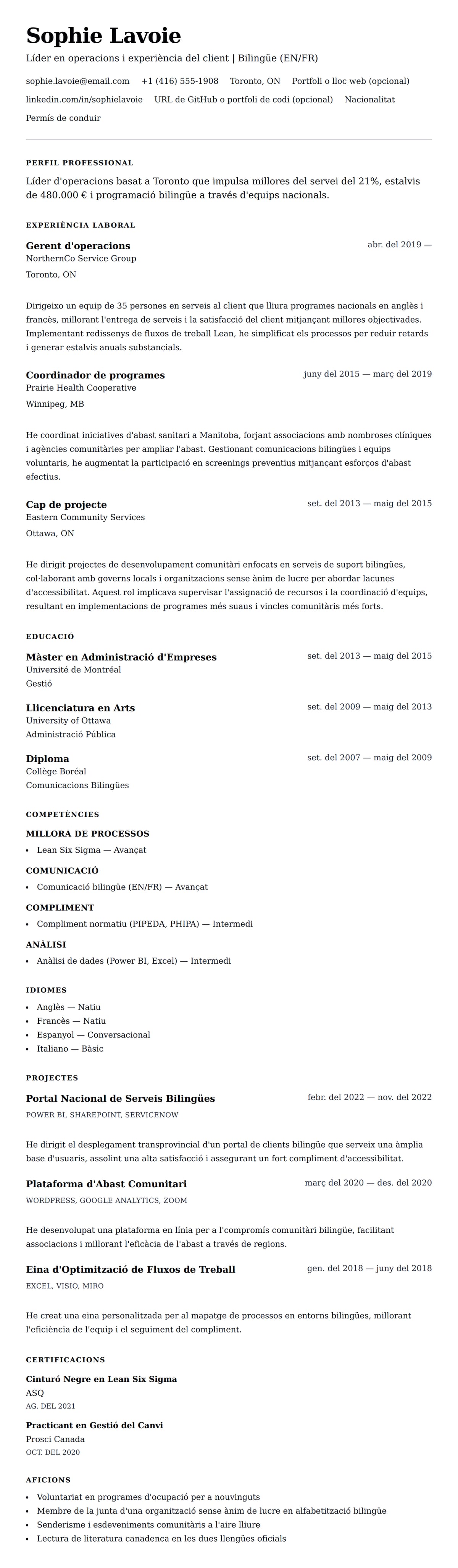 Previsualització del currículum per a Exemple de currículum en format canadenc