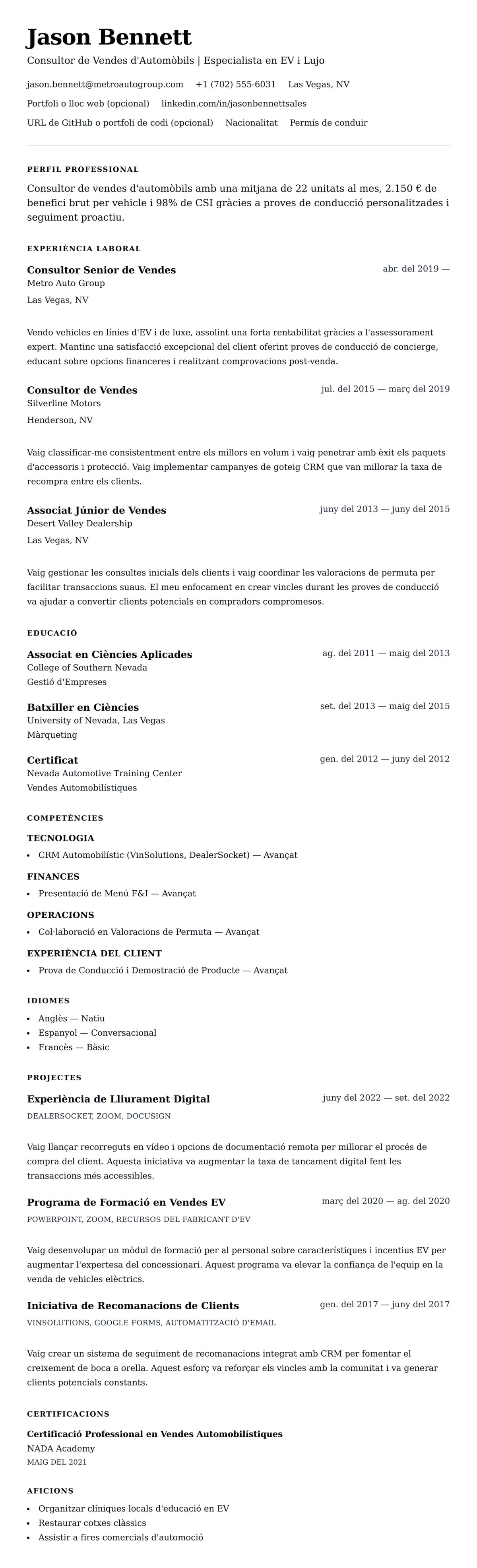 Previsualització del currículum per a Exemple de Currículum de Consultor de Vendes d'Automòbils