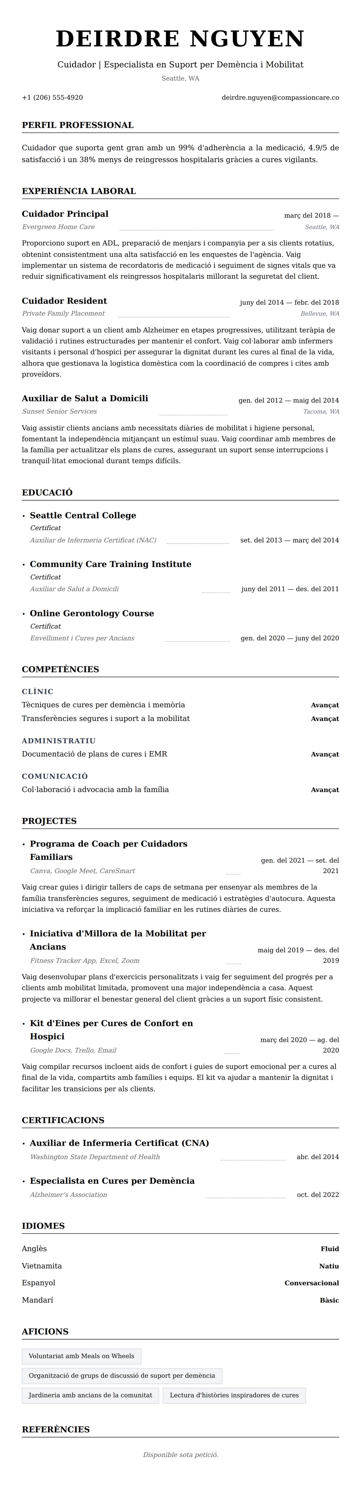 Previsualització del currículum per a Exemple de Currículum de Cuidador