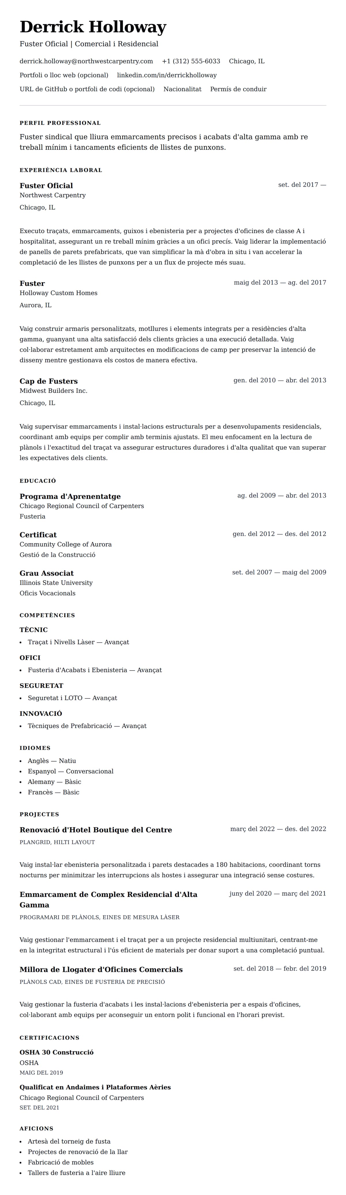 Previsualització del currículum per a Exemple de Currículum de Fuster