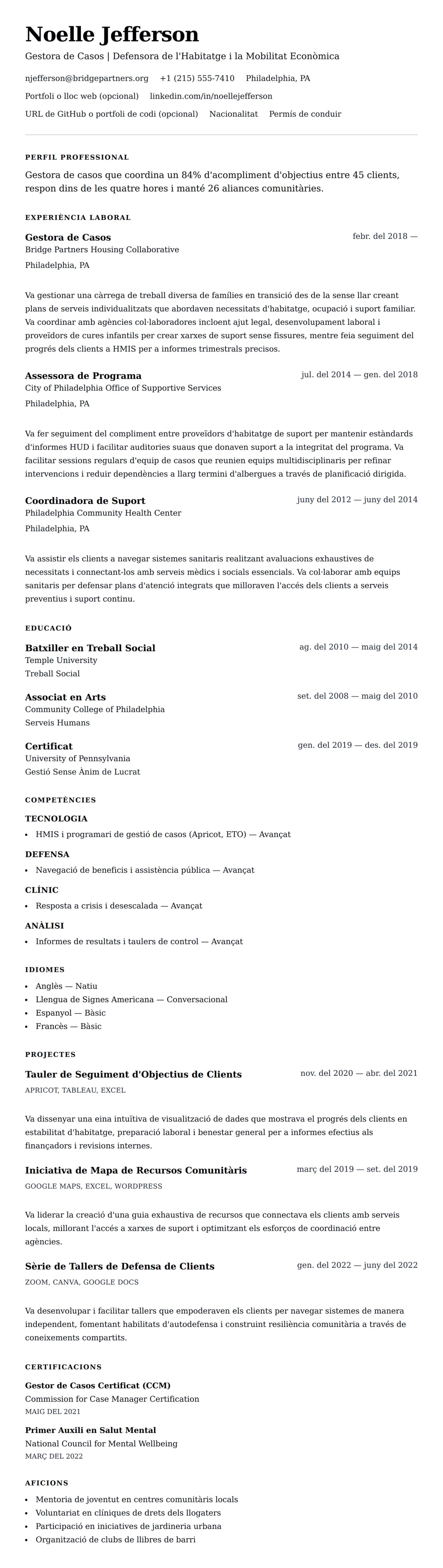 Previsualització del currículum per a Exemple de Currículum de Gestor de Casos