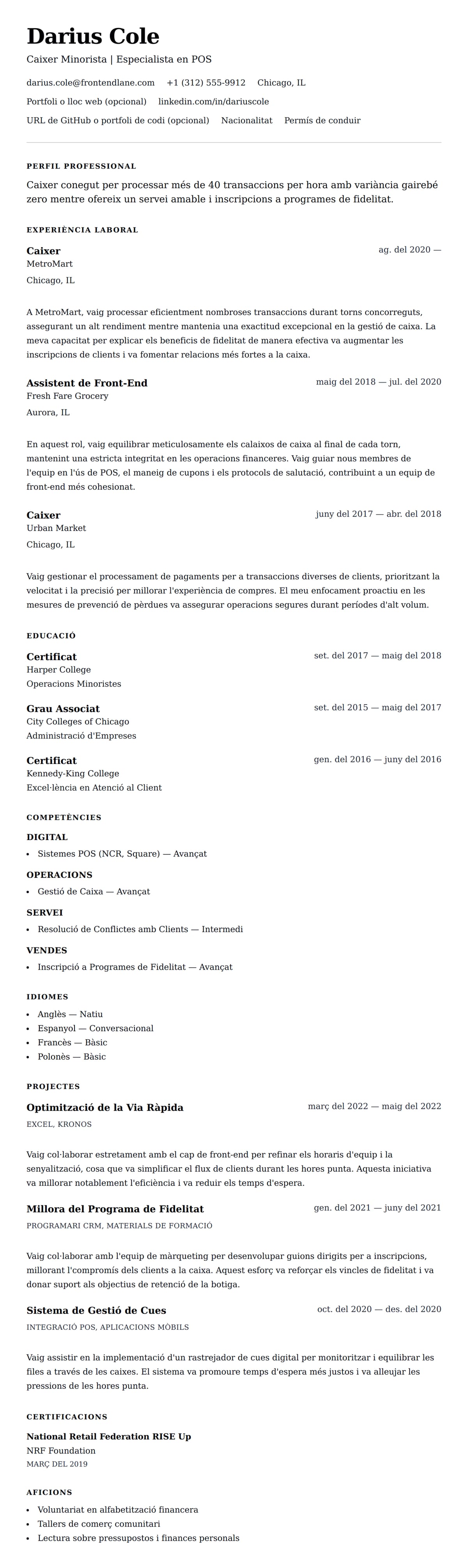 Previsualització del currículum per a Exemple de Currículum de Caixer