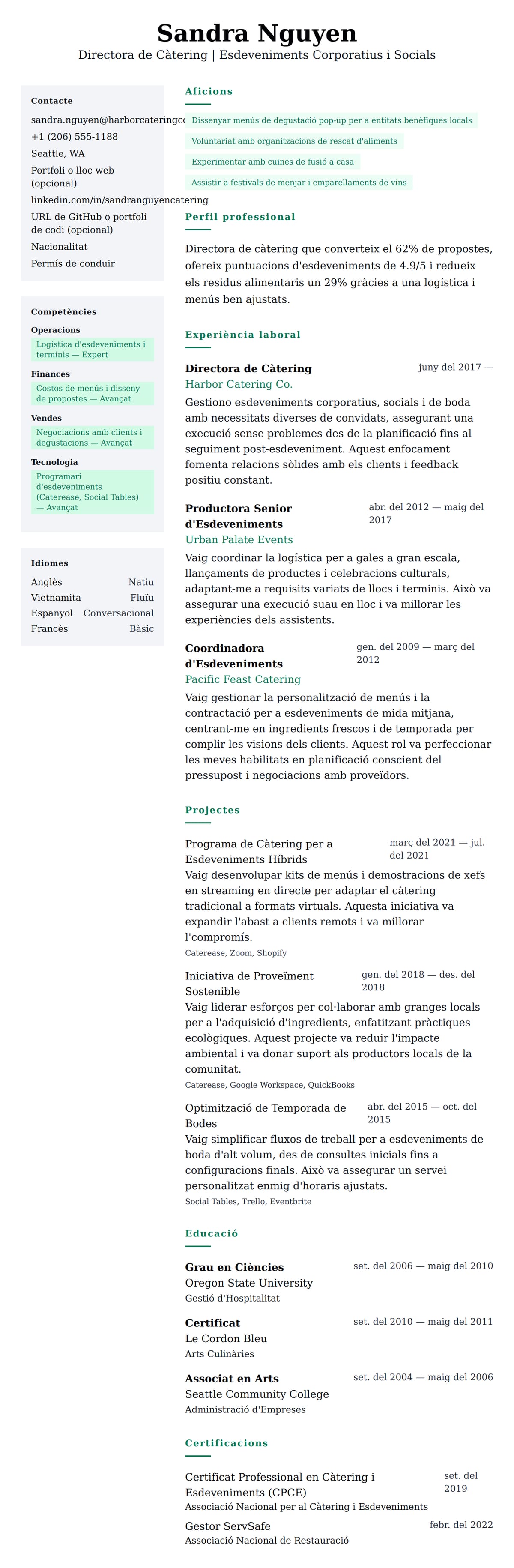 Previsualització del currículum per a Exemple de Currículum de Càtering