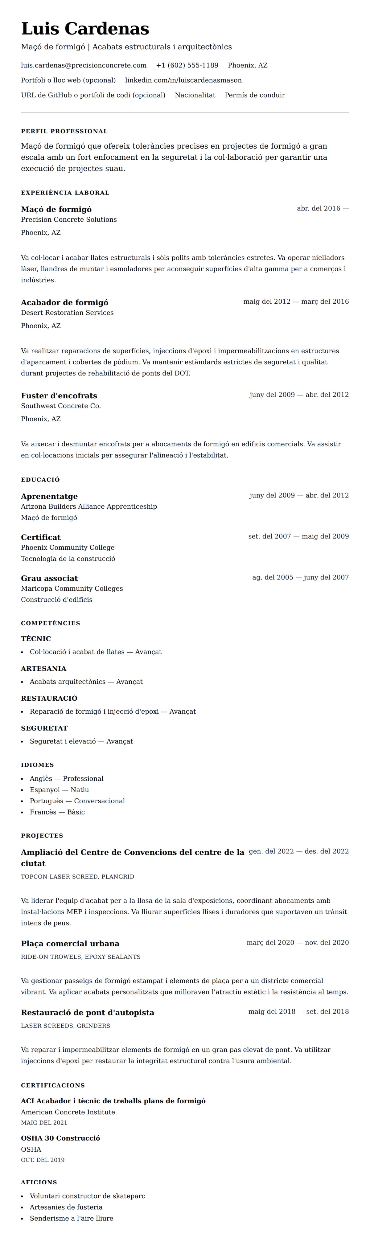 Previsualització del currículum per a Exemple de currículum de Maçó de formigó