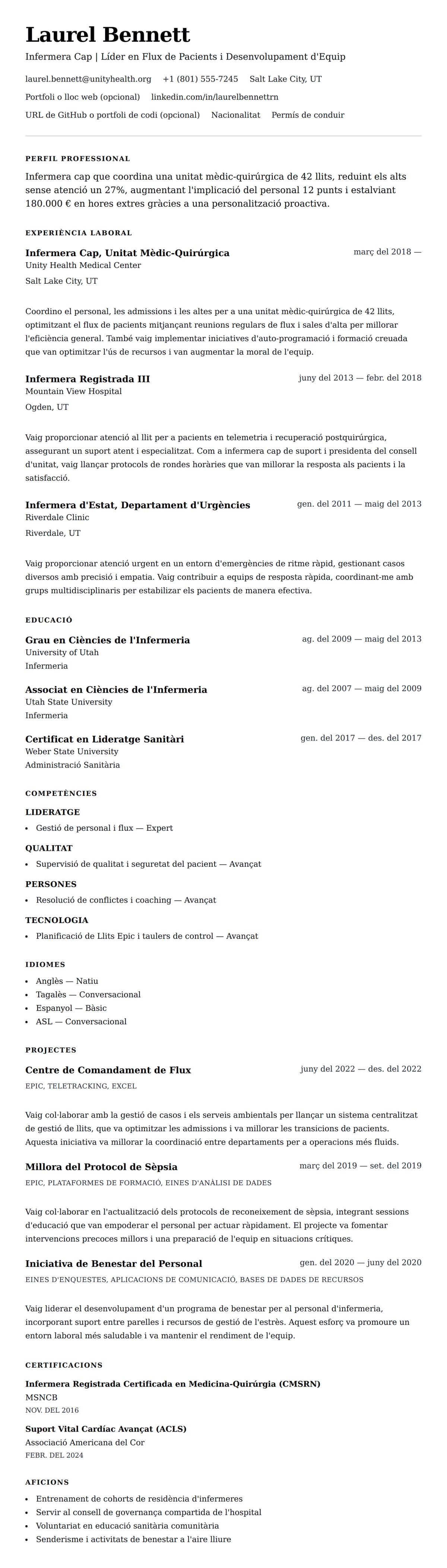 Previsualització del currículum per a Exemple de Currículum d'Infermera Cap