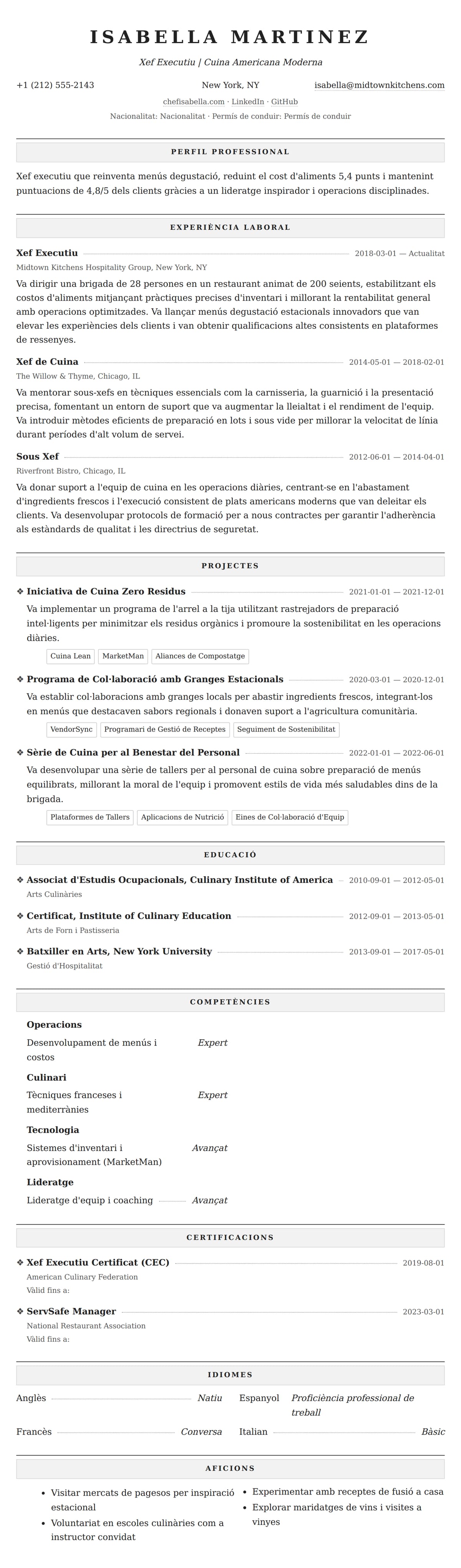 Previsualització del currículum per a Exemple de currículum de xef