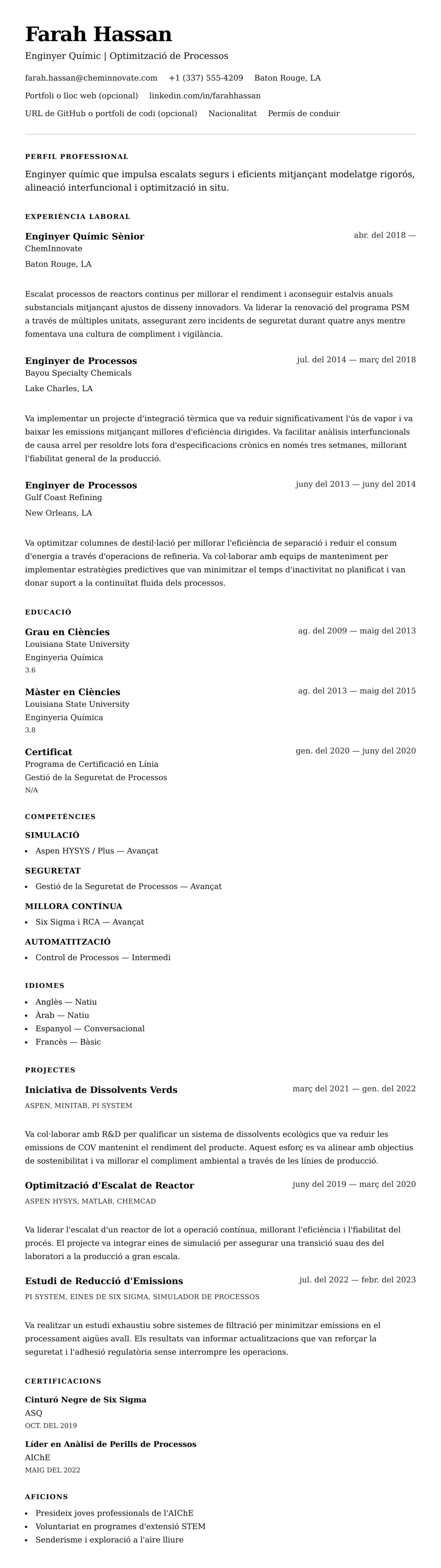 Previsualització del currículum per a Exemple de Currículum d'Enginyer Químic