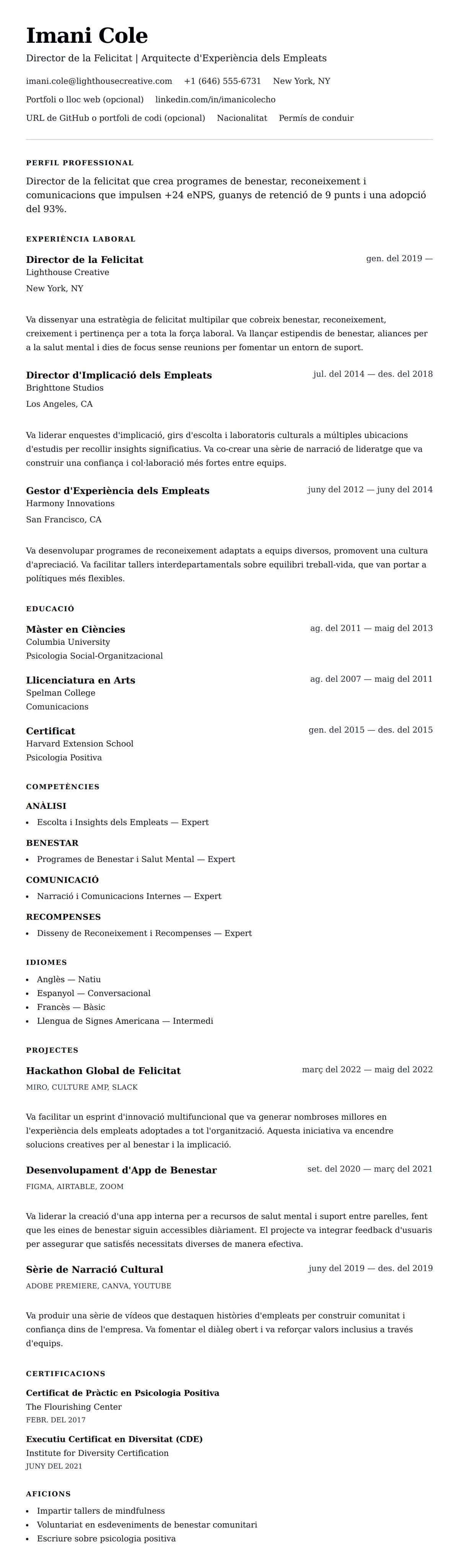 Previsualització del currículum per a Exemple de Currículum de Director de la Felicitat (CHO)