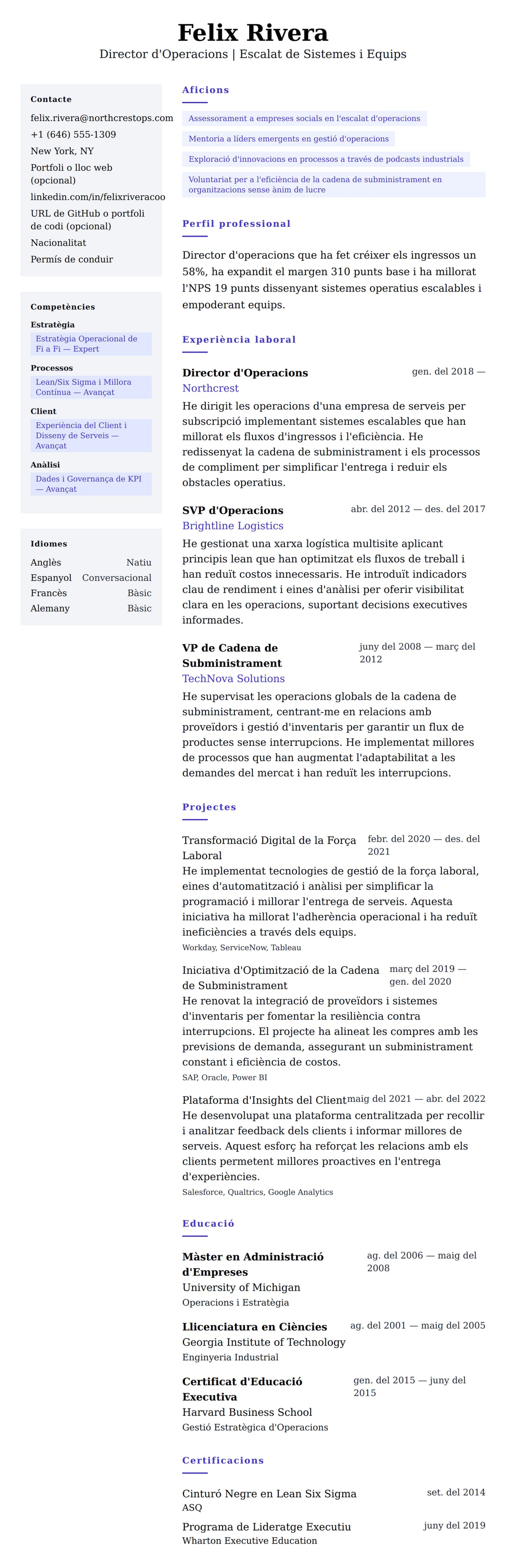Previsualització del currículum per a Exemple de Currículum de Director d'Operacions