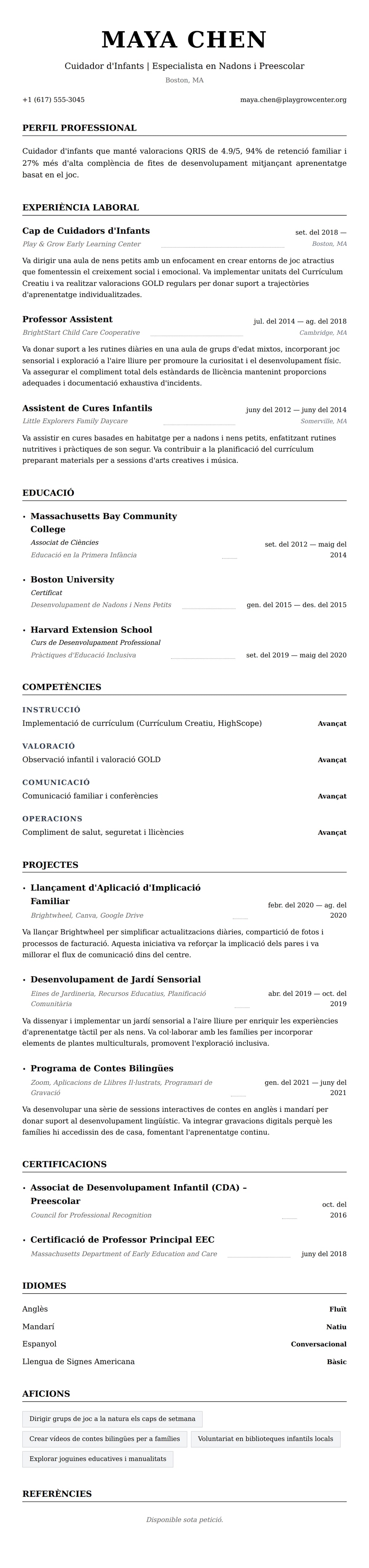 Previsualització del currículum per a Exemple de Currículum de Cuidador d'Infants
