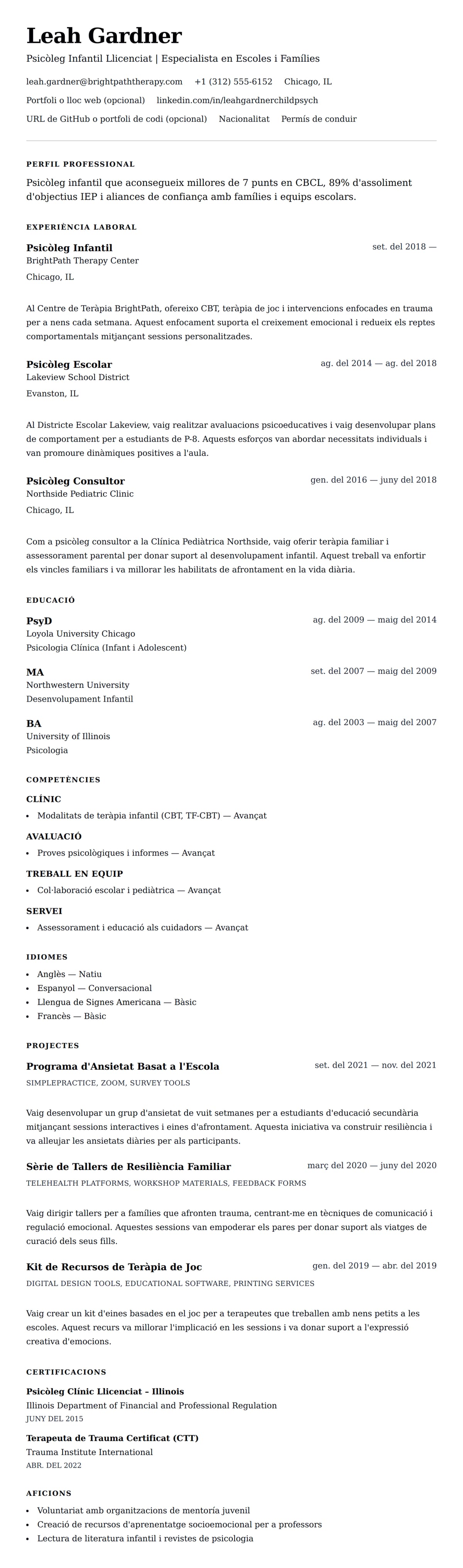 Previsualització del currículum per a Exemple de Currículum de Psicòleg Infantil